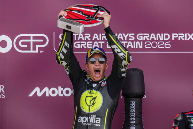 Raul Fernandez (Spain) of the SuperFile Trackhouse MotoGP Team ( 25) celebrates on the podium after winning the MotoGP Race at Round 12 of the 2026 Qatar Airways Grand Prix of Great Britain at Silverstone Circuit, Towcester, England on the 9 August 2026.  Copyright: xDavidxHornx PMI-7310-0299