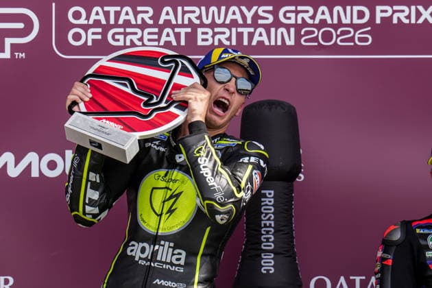 Raul Fernandez (Spain) of the SuperFile Trackhouse MotoGP Team ( 25) celebrates on the podium after winning the MotoGP Race at Round 12 of the 2026 Qatar Airways Grand Prix of Great Britain at Silverstone Circuit, Towcester, England on the 9 August 2026.  Copyright: xDavidxHornx PMI-7310-0300