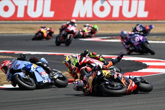 RECORD DATE NOT STATED 9th August 2026; Silverstone Circuit, Northamptonshire, England; 2026 MotoGP Grand Prix of Great Britain, Race Day; Enea Bastianini of Red Bull KTM Tech3 crashes at vail corner during the MotoGP Race SimonxWest