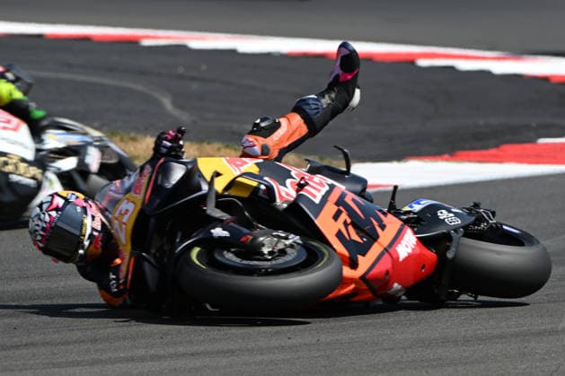 RECORD DATE NOT STATED 9th August 2026; Silverstone Circuit, Northamptonshire, England; 2026 MotoGP Grand Prix of Great Britain, Race Day; Enea Bastianini of Red Bull KTM Tech3 crashes at vail corner during the MotoGP Race SimonxWest