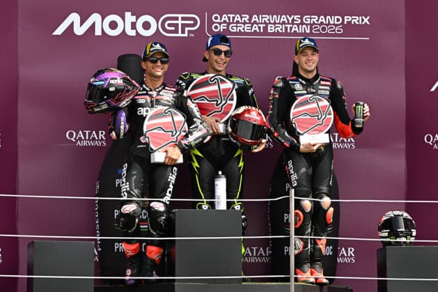 RECORD DATE NOT STATED 9th August 2026; Silverstone Circuit, Northamptonshire, England; 2026 MotoGP Grand Prix of Great Britain, Race Day; Jorge Martin of Aprilia Racing, Raul Fernandez of SuperFile Trackhouse MotoGP Team and Marco Bezzecchi of Aprilia Racing on the podium SimonxWest