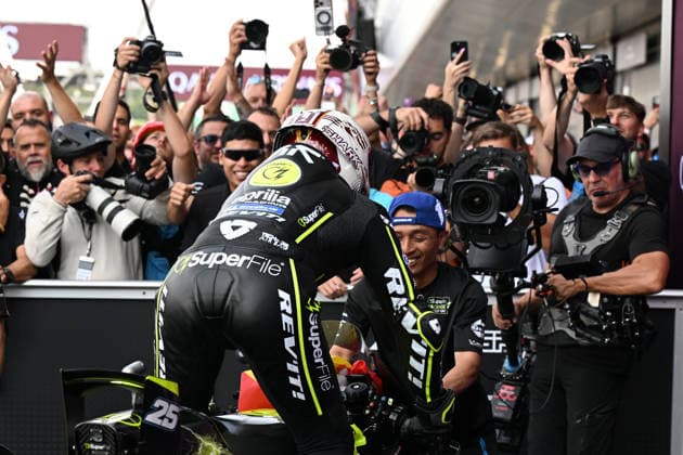RECORD DATE NOT STATED 9th August 2026; Silverstone Circuit, Northamptonshire, England; 2026 MotoGP Grand Prix of Great Britain, Race Day; Raul Fernandez of SuperFile Trackhouse MotoGP Team celebrates as he enters Parc Ferme having won the MotoGP grand Prix of Great Britain SimonxWest