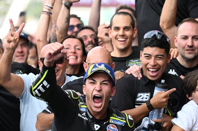 RECORD DATE NOT STATED 9th August 2026; Silverstone Circuit, Northamptonshire, England; 2026 MotoGP Grand Prix of Great Britain, Race Day; Raul Fernandez of SuperFile Trackhouse MotoGP Team celebrates with his team in Parc Ferme having won the MotoGP grand Prix of Great Britain SimonxWest