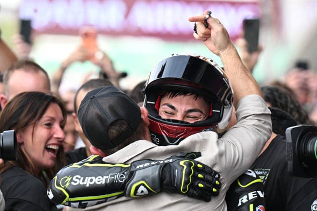 RECORD DATE NOT STATED 9th August 2026; Silverstone Circuit, Northamptonshire, England; 2026 MotoGP Grand Prix of Great Britain, Race Day; Raul Fernandez of SuperFile Trackhouse MotoGP Team celebrates in Parc Ferme having won the MotoGP grand Prix of Great Britain SimonxWest