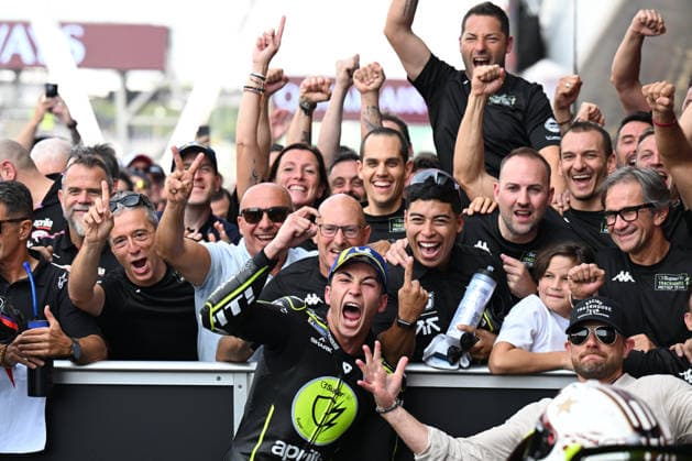 RECORD DATE NOT STATED 9th August 2026; Silverstone Circuit, Northamptonshire, England; 2026 MotoGP Grand Prix of Great Britain, Race Day; Raul Fernandez of SuperFile Trackhouse MotoGP Team celebrates with his team in Parc Ferme having won the MotoGP grand Prix of Great Britain SimonxWest