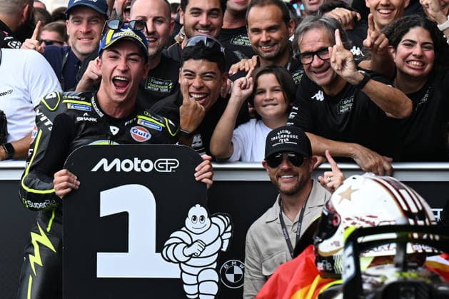 RECORD DATE NOT STATED 9th August 2026; Silverstone Circuit, Northamptonshire, England; 2026 MotoGP Grand Prix of Great Britain, Race Day; Raul Fernandez of SuperFile Trackhouse MotoGP Team celebrates with his team in Parc Ferme having won the MotoGP grand Prix of Great Britain SimonxWest