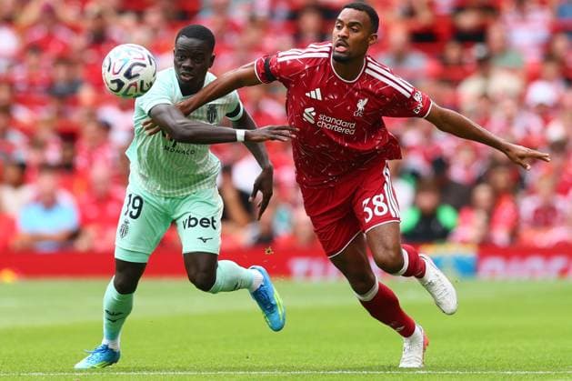 Pape Cabral of Monaco and Ryan Gravenberch of Liverpool Liverpool v Monaco, Pre Season Friendly, Football, Anfield, Liverpool, UK - 09 Aug 2026Liverpool Anfield United Kingdom EDITORIAL USE ONLY No use with unauthorised audio, video, data, fixture lists, club league logos or live services. Online in-match use limited to 120 images, no video emulation. No use in betting, games or single club league player publications.  Copyright: xPaulxCurrie Shutterstockx 17051142ce