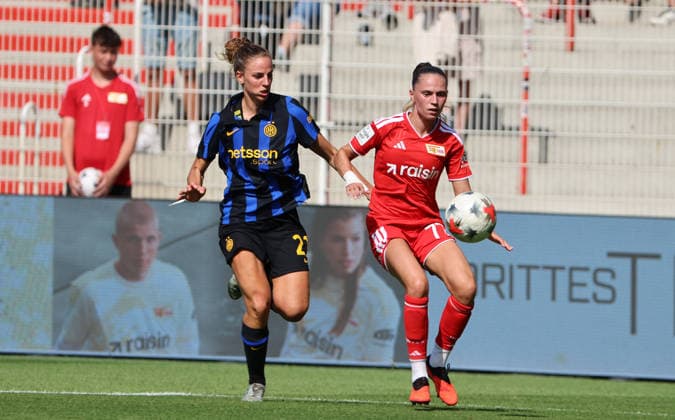 Martina Tomaselli, Jill Janssens am Ball Zweikampf Spielszene Aktion Fußball Fussball Testspiel Frauen Damen Bundesliga Saison 2026 2027 09.08.2026 1.FC Union Berlin FCU vs Inter Mailand DFL regulations prohibit any use of photographs as image sequences and or quasi-video *** Martina Tomaselli, Jill Janssens on the ball, tackle, game scene, action, sports, soccer, women s soccer, friendly match, Women s Bundesliga, 2026–2027 season, September 8, 2026, 1. FC Union Berlin (FCU) vs. Inter Milan. DFL regulations prohibit any use of photographs as image sequences and or quasi-video.