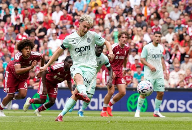 Liverpool, England, 9th August 2026. Aleksandr Golovin of Monaco scores a penalty during the Liverpool vs AS Monaco Pre Season Friendly match at Anfield, Liverpool. Picture credit should read: Andrew Yates Sportimage EDITORIAL USE ONLY. No use with unauthorised audio, video, data, fixture lists, club league logos or live services. Online in-match use limited to 120 images, no video emulation. No use in betting, games or single club league player publications. SPI_005_AY_LIVERPOOL_MONACO SPI-4893-0005