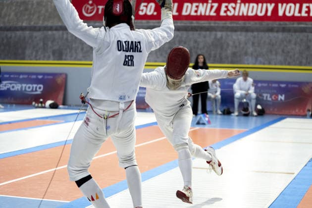 2026 European Senior Modern pentathlon, moderner Fünfkampf Championship in Istanbul ISTANBUL, TURKIYE - AUGUST 9: Dominik Olejarz (L) of Germany competes against Ross Charlton (R) of United Kingdom during the fencing stage of the 2026 European Senior Modern Pentathlon Championship at Burhan Felek Sports Complex in Istanbul, Turkiye on August 9, 2026. Arife Karakum Anadolu Istanbul Turkey. Editorial use only. Please get in touch for any other usage.  Copyright: x2026xAnadoluxArifexKarakumx