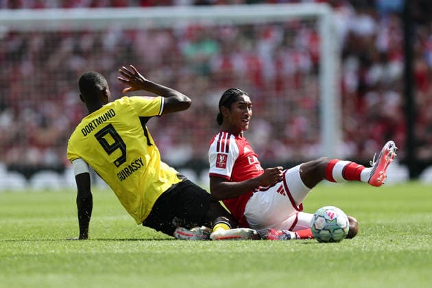 London, England, 9th August 2026. Marley Salmon of Arsenal with Serhou Guirassy of Borussia Dortmund during the Arsenal vs Borussia Dortmund Pre Season Friendly match at the Emirates Stadium, London. Picture credit should read: David Klein Sportimage EDITORIAL USE ONLY. No use with unauthorised audio, video, data, fixture lists, club league logos or live services. Online in-match use limited to 120 images, no video emulation. No use in betting, games or single club league player publications. SPI_DK_013_Arsenal_Dortmund SPI-4895-0013