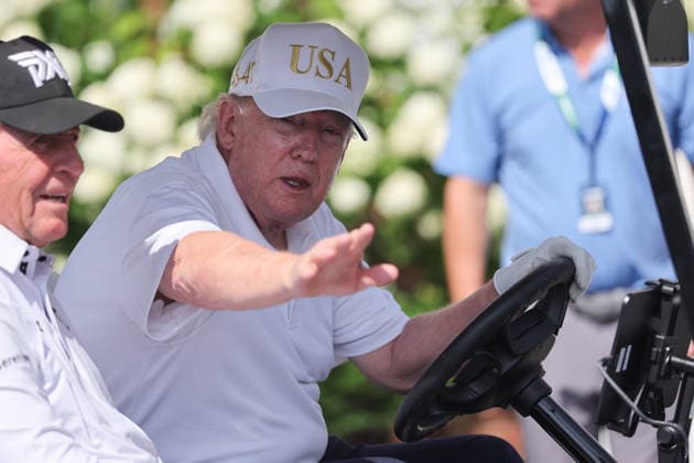 BEDMINSTER, NJ - AUGUST 09: President Donald Trump drives in a golf cart at Bedminster before the forth round of LIV Golf New York on August 9, 2026 at Trump National Golf Club in Bedminster, New Jersey. (Photo by Andrew Mordzynski Icon Sportswire) GOLF: AUG 09 LIV Golf New York EDITORIAL USE ONLY Icon2608098162836