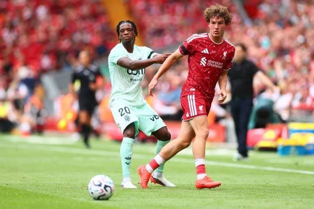 Flavio Nazinho of Monaco and Lewis Koumas of Liverpool Liverpool v Monaco, Pre Season Friendly, Football, Anfield, Liverpool, UK - 09 Aug 2026Liverpool Anfield United Kingdom EDITORIAL USE ONLY No use with unauthorised audio, video, data, fixture lists, club league logos or live services. Online in-match use limited to 120 images, no video emulation. No use in betting, games or single club league player publications.  Copyright: xPaulxCurrie Shutterstockx 17051142cx