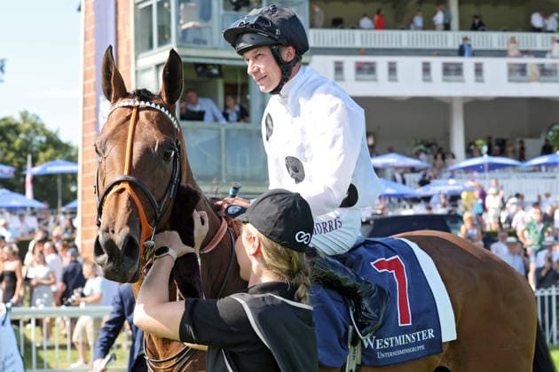 09.08.2026, Hoppegarten, Brandenburg, GER - Tiffany mit Luke Morris nach dem Sieg im 136. Grossen Preis von Berlin. Galopprennbahn Hoppegarten. () 260809D727HOPPEGARTEN.JPG *** August 9, 2026, Hoppegarten, Brandenburg, GER Tiffany with Luke Morris after winning the 136th Berlin Grand Prix at the Hoppegarten Racetrack 260809D727HOPPEGARTEN JPG