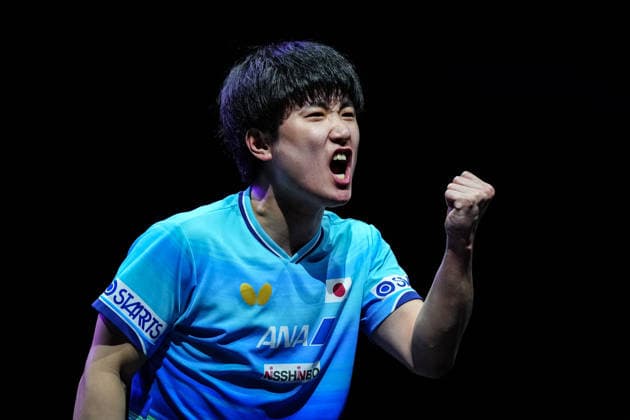 (260809) -- YOKOHAMA, Aug. 9, 2026 -- Harimoto Tomokazu of Japan celebrates during the men s singles final match between Harimoto Tomokazu of Japan and Oh Junsung of South Korea at the WTT Champions Yokohama 2026 in Yokohama, Japan, Aug. 9, 2026. ) (SP)JAPAN-YOKOHAMA Table tennis, Tischtennis WTT CHAMPIONS YOKOHAMA-MEN S SINGLES JiaxHaocheng 