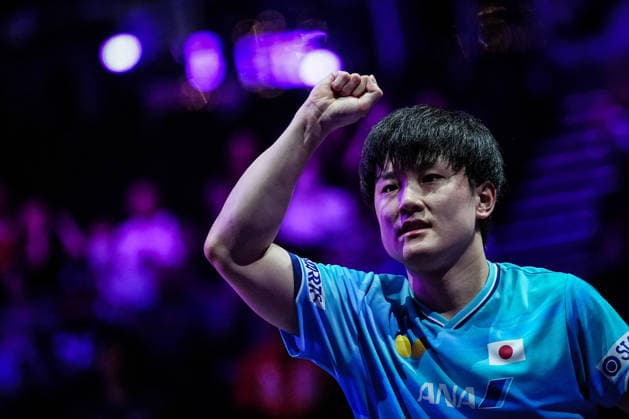 (260809) -- YOKOHAMA, Aug. 9, 2026 -- Harimoto Tomokazu of Japan celebrates victory after the men s singles final match between Harimoto Tomokazu of Japan and Oh Junsung of South Korea at the WTT Champions Yokohama 2026 in Yokohama, Japan, Aug. 9, 2026. ) (SP)JAPAN-YOKOHAMA Table tennis, Tischtennis WTT CHAMPIONS YOKOHAMA-MEN S SINGLES JiaxHaocheng 