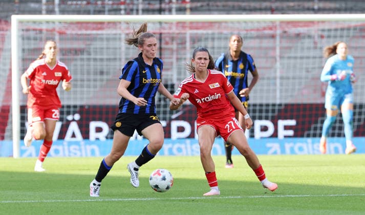 Marie Detruyer, Leela Egli Zweikampf Spielszene Aktion Fußball Fussball Testspiel Frauen Damen Bundesliga Saison 2026 2027 09.08.2026 1.FC Union Berlin FCU vs Inter Mailand DFL regulations prohibit any use of photographs as image sequences and or quasi-video *** Marie Detruyer, Leela Egli: One-on-one, game scene, action, sports, soccer, women s soccer, friendly match, Women s Bundesliga, 2026–2027 season, September 8, 2026, 1. FC Union Berlin (FCU) vs. Inter Milan. DFL regulations prohibit any use of photographs as image sequences and or quasi-video.