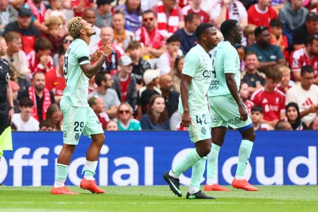 Paris Brunner of Monaco celebrates scoring to make it 2-3 Liverpool v Monaco, Pre Season Friendly, Football, Anfield, Liverpool, UK - 09 Aug 2026Liverpool Anfield United Kingdom EDITORIAL USE ONLY No use with unauthorised audio, video, data, fixture lists, club league logos or live services. Online in-match use limited to 120 images, no video emulation. No use in betting, games or single club league player publications.  Copyright: xPaulxCurrie Shutterstockx 17051142ew