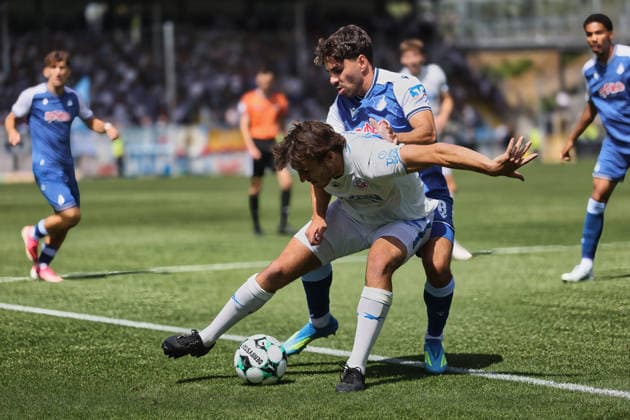 v. li. im Zweikampf, Benno Johannes Dietze (FC Hansa Rostock, 42),Diren Dagdeviren (TSG Hoffenheim II, 8) GER, TSG Hoffenheim II - Hansa Rostock Fussball 1.Spieltag Spielzeit 2026 2027 3.Liga 09.08.2026 (DFL DFB REGULATIONS PROHIBIT ANY USE OF PHOTOGRAPHS as IMAGE SEQUENCES and or QUASI-VIDEO). GER TSG Hoffenheim II - Hansa Rostock Fussball 1.Spieltag Spielzeit 2026 2027 09.08.2026 Hoffenheim *** From left in a one-on-one duel: Benno Johannes Dietze (FC Hansa Rostock), 42; Diren Dagdeviren (TSG Hoffenheim II), 8 (GER), TSG Hoffenheim II vs. Hansa Rostock Soccer Matchday 1, 2026–2027 Season, 3rd League, August 9, 2026. DFL and DFB regulations prohibit any use of photographs as image sequences and or quasi-VVIDEO GER TSG Hoffenheim II Hansa Rostock Soccer Matchday 1 Season 2026–2027 September 8, 2026 Hoffenheim Copyright: xEibner-Pressefoto JoergxHirschx EP_JHH