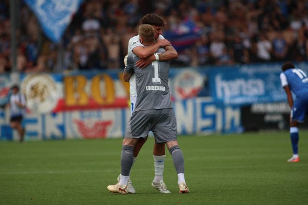 Freudenjubel, Luca Unbehaun (FC Hansa Rostock, 1), Lukas Wallner (FC Hansa Rostock, 16) GER, TSG Hoffenheim II - Hansa Rostock Fussball 1.Spieltag Spielzeit 2026 2027 3.Liga 09.08.2026 (DFL DFB REGULATIONS PROHIBIT ANY USE OF PHOTOGRAPHS as IMAGE SEQUENCES and or QUASI-VIDEO). GER TSG Hoffenheim II - Hansa Rostock Fussball 1.Spieltag Spielzeit 2026 2027 09.08.2026 Hoffenheim *** Jubilation, Luca Unbehaun, FC Hansa Rostock, 1, Lukas Wallner, FC Hansa Rostock, 16, GER, TSG Hoffenheim II vs. Hansa Rostock Soccer Matchday 1, 2026–2027 Season, 3. Liga, August 9, 2026. DFL and DFB regulations prohibit any use of photographs as image sequences and or quasi-videoVIDEO GER TSG Hoffenheim II Hansa Rostock Soccer Matchday 1 Season 2026–2027 August 9, 2026 Hoffenheim Copyright: xEibner-Pressefoto JoergxHirschx EP_JHH