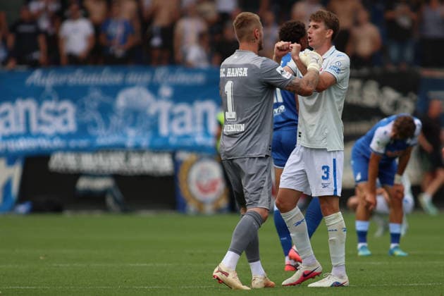 Jubel,v.li.Luca Unbehaun (FC Hansa Rostock, 1),Florian Bohnert (FC Hansa Rostock, 3) GER, TSG Hoffenheim II - Hansa Rostock Fussball 1.Spieltag Spielzeit 2026 2027 3.Liga 09.08.2026 (DFL DFB REGULATIONS PROHIBIT ANY USE OF PHOTOGRAPHS as IMAGE SEQUENCES and or QUASI-VIDEO). GER TSG Hoffenheim II - Hansa Rostock Fussball 1.Spieltag Spielzeit 2026 2027 09.08.2026 Hoffenheim *** Cheers, from Luca Unbehaun, FC Hansa Rostock, 1; Florian Bohnert, FC Hansa Rostock, 3 GER, TSG Hoffenheim II vs. Hansa Rostock Soccer Matchday 1, 2026–2027 Season, 3. Liga, August 9, 2026. DFL and DFB regulations prohibit any use of photographs as image sequences and or quasi-videoVIDEO GER TSG Hoffenheim II Hansa Rostock Soccer Matchday 1 Season 2026–2027 August 9, 2026 Hoffenheim Copyright: xEibner-Pressefoto JoergxHirschx EP_JHH