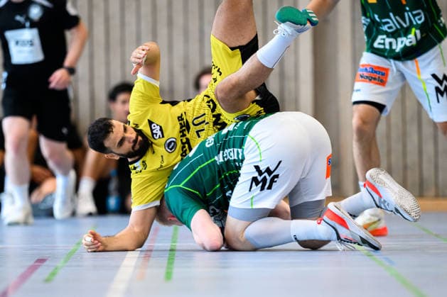 Altensteig: SCup - Finale - 26 27 - Frisch Auf Goeppingen - TVB Stuttgart Mohamed Darmoul (Stuttgart), Ymir Gislason (Goeppingen) Altensteig Eichwaldhalle Baden-Württemberg Deutschland *** Altensteig SCup Final 26–27 Frisch Auf Göppingen vs. TVB Stuttgart: Mohamed Darmoul (Stuttgart), Ymir Gislason (Göppingen); Altensteig, Eichwaldhalle, Baden-Württemberg, Germany