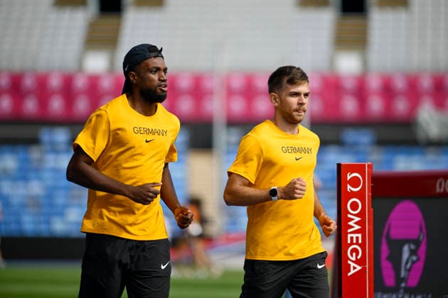 Lucas ANSAH-PEPRAH (Germany, Hamburger SV, 100m Men) und Heiko GUSSMANN (Germany, Sprintteam Wetzlar, 100m Men) GBR, European Athletics Championships, Athletics, 10.08.2026, GBR, European Athletics Championships, Athletics, 10.08.2026, Birmingham *** Lucas ANSAH PEPRAH (Germany), Hamburger SV, Men s 100m, and Heiko GUSSMANN (Germany), Sprintteam Wetzlar, Men s 100m (GBR), European Athletics Championships, Athletics, August 10, 2026, GBR, European Athletics Championships, Athletics, August 10, 2026, Birmingham Copyright: xEibnerxPressefoto JanxPapenfussx EP_JPS