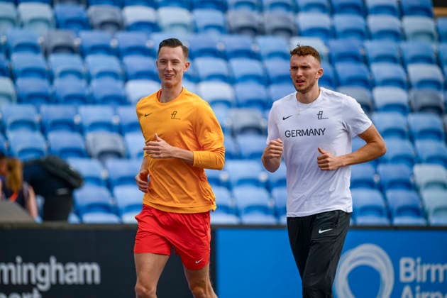 Kevin BRUCHA (Germany, TLV Germania Ueberruhr, LONG JUMP Men) und Simon BATZ (Germany, MTG Mannheim, LONG JUMP Men) GBR, European Athletics Championships, Athletics, 10.08.2026, GBR, European Athletics Championships, Athletics, 10.08.2026, Birmingham *** Kevin BRUCHA (Germany), TLV Germania Ueberruhr, Men s Long Jump, and Simon BATZ (Germany), MTG Mannheim, Men s Long Jump (GBR), European Athletics Championships, Athletics, August 10, 2026, GBR, European Athletics Championships, Athletics, August 10, 2026, Birmingham Copyright: xEibnerxPressefoto JanxPapenfussx EP_JPS