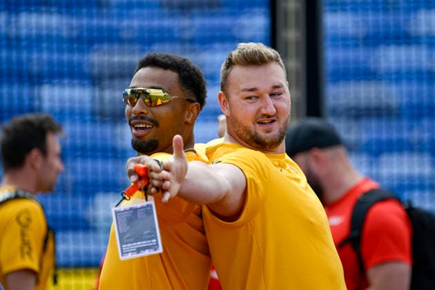 Leo NEUGEBAUER (Germany, VfB Stuttgart, 100m DECATHLON Men) und Henrik JANSSEN (Germany, SC Magdeburg, DISCUS THROW Men) GBR, European Athletics Championships, Athletics, 10.08.2026, GBR, European Athletics Championships, Athletics, 10.08.2026, Birmingham *** Leo NEUGEBAUER (Germany), VfB Stuttgart, Men s 100m Decathlon, and Henrik JANSSEN (Germany), SC Magdeburg, Men s Discus Throw (GBR), European Athletics Championships, Athletics, August 10, 2026, GBR, European Athletics Championships, Athletics, August 10, 2026, Birmingham Copyright: xEibnerxPressefoto JanxPapenfussx EP_JPS