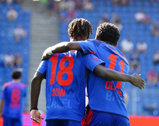 09.08.2026 Schweiz Fussball Herren Super League Saison 2026-2027 FC Basel - FC Thun 4:2 Bild Asane Sow, Kazeem Olaigabe FC Basel. Torjubel *** August 9, 2026 Swiss Men s Soccer Super League 2026–2027 Season FC Basel vs. FC Thun 4–2 Photo: Asane Sow, Kazeem Olaigabe, FC Basel celebrating a goal 
