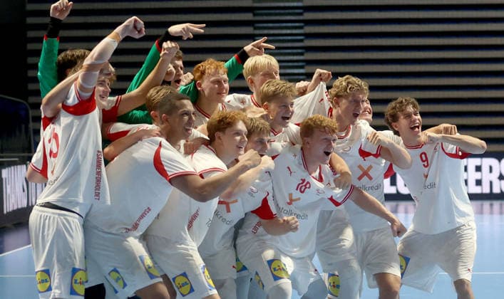 09.08.2026 Belgrade Spain-Denmark European U18 men s handball championship final tournament match for 3rd place Denmark team celebrate third place :