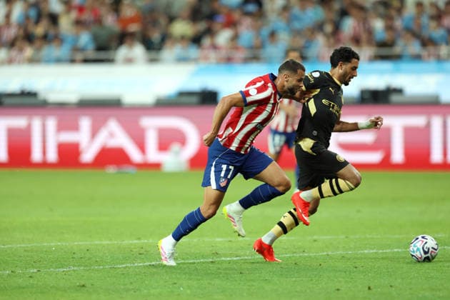 Man City vs Atletico de Madrid pre-season match in Seoul, South Korea Omar Marmoush (R) of Manchester City FC in action against David Hancko (L) of Atletico de Madrid during a pre-season friendly soccer match between Manchester City FC and Atletico de Madrid at Seoul World Cup Stadium in Seoul, South Korea, on August 09, 2026. Seoul South Korea  Copyright: xMatrixxImages JungxUi-Chelx