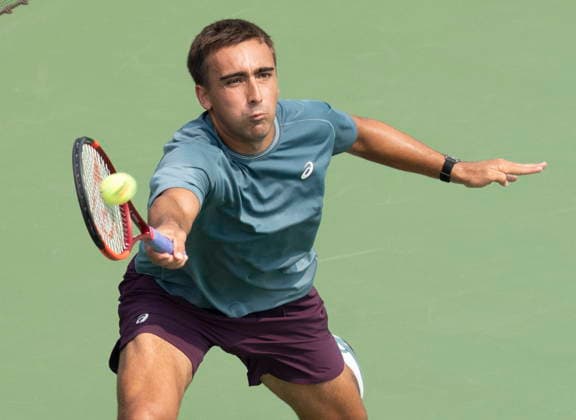 August 9, 2026, Montreal, Pq, Canada: Daniel Merida of Spain hits a return to Tallon Griekspoor of the Netherlands during Round of 16 tennis action at the National Bank Open in Montreal on Sunday, Aug. 9, 2026. Canada News - August 9, 2026  - ZUMAc35_ 20260809_zaf_c35_003 Copyright: xChristinnexMuschix