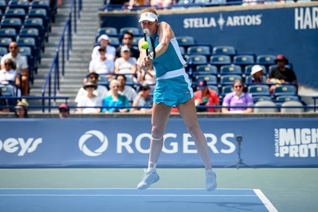 August 9, 2026, Toronto, Ontario, Canada: LIUDMILA SAMSONOVA returns the ball during her round-of-16 match against Elena Rybakina of Kazakhstan at the National Bank Open, part of the Hologic WTA, Tennis Damen Tour at Sobeys Stadium. Toronto Canada - ZUMAr228 20260809_znp_r228_004 Copyright: xVasiliyxRyabykhx