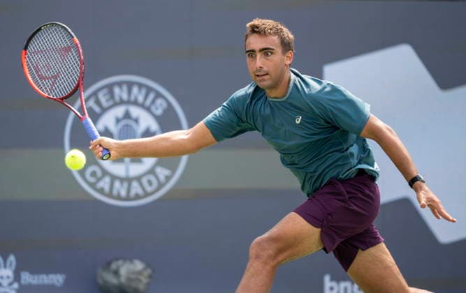 August 9, 2026, Montreal, Pq, Canada: Daniel Merida of Spain hits a return to Tallon Griekspoor of the Netherlands during Round of 16 tennis action at the National Bank Open in Montreal on Sunday, Aug. 9, 2026. Canada News - August 9, 2026  - ZUMAc35_ 20260809_zaf_c35_016 Copyright: xChristinnexMuschix