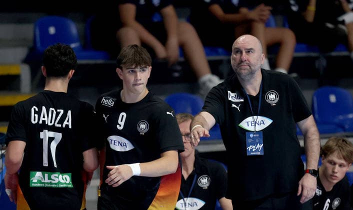 09.08.2026 Belgrade Germany-Slovenia European U18 men s handball championship final tournament final match Finn Meissner(C),Erik Wudtke(R) Germany head coach :