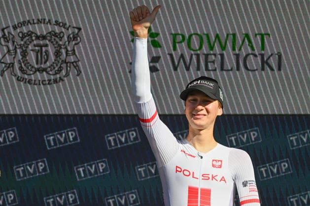 83rd Tour De Pologne 2026 - Stage 7 WIELICZKA, POLAND - AUGUST 09: Filip Gruszczynski of Poland and Polish national team, Nationalteam celebrates at podium as best polish rider prize winner during the 83rd Tour de Pologne 2026, Stage 7 a 12.5km individual time trial stage from Wieliczka to Wieliczka UCIWT on August 09, 2026 in Wieliczka, Poland. Wieliczka Poland  Copyright: xArturxWidakx originalFilename:widak-83rdtour260809_npbJA.jpg