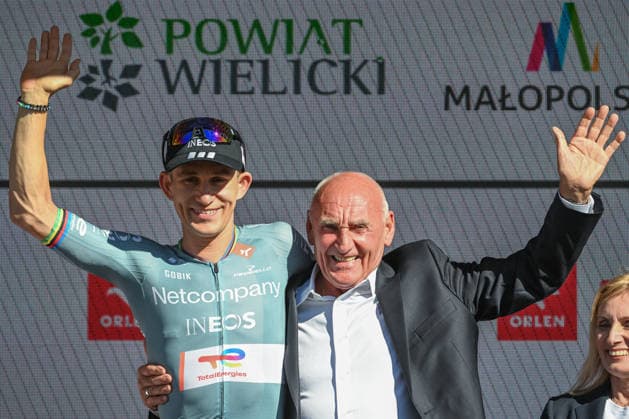 83rd Tour De Pologne 2026 - Stage 7 WIELICZKA, POLAND - AUGUST 09: Michal Kwiatkowski (L) of Poland and INEOS Grenadiers stands alongside Race Director Czeslaw Lang (R) during the final awards ceremony of the 83rd Tour de Pologne 2026, Stage 7 a 12.5km individual time trial stage from Wieliczka to Wieliczka UCIWT on August 09, 2026 in Wieliczka, Poland. Wieliczka Poland  Copyright: xArturxWidakx originalFilename:widak-83rdtour260809_npIiS.jpg
