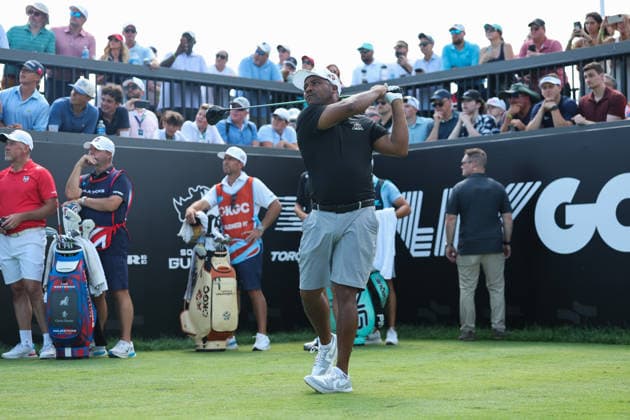 BEDMINSTER, NJ - AUGUST 09: Harold Varner III of the LIV Golf League tees off on the 1st hole during the final round of LIV Golf New York on August 9, 2026 at Trump National Golf Club in Bedminster, New Jersey. (Photo by Andrew Mordzynski Icon Sportswire) GOLF: AUG 09 LIV Golf New York EDITORIAL USE ONLY Icon2608098173339
