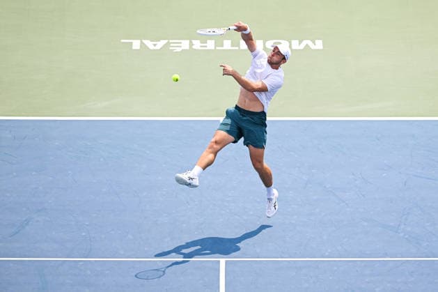 MONTREAL, QC - AUGUST 09: Tallon Griekspoor (NED) returns the ball during a fourth round match at National Bank Open on August 09, 2026 at IGA Stadium in Montreal, QC (Photo by David Kirouac Icon Sportswire) TENNIS: AUG 09 National Bank Open EDITORIAL USE ONLY Icon26080900526