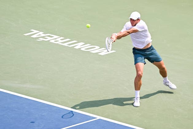 MONTREAL, QC - AUGUST 09: Tallon Griekspoor (NED) returns the ball during a fourth round match at National Bank Open on August 09, 2026 at IGA Stadium in Montreal, QC (Photo by David Kirouac Icon Sportswire) TENNIS: AUG 09 National Bank Open EDITORIAL USE ONLY Icon26080900726