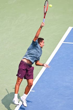 MONTREAL, QC - AUGUST 09: Daniel Merida (ESP) serves the ball during a fourth round match at National Bank Open on August 09, 2026 at IGA Stadium in Montreal, QC (Photo by David Kirouac Icon Sportswire) TENNIS: AUG 09 National Bank Open EDITORIAL USE ONLY Icon26080900826