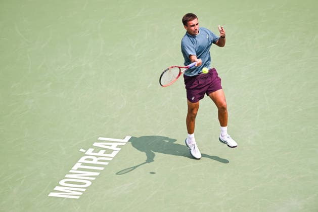 MONTREAL, QC - AUGUST 09: Daniel Merida (ESP) returns the ball during a fourth round match at National Bank Open on August 09, 2026 at IGA Stadium in Montreal, QC (Photo by David Kirouac Icon Sportswire) TENNIS: AUG 09 National Bank Open EDITORIAL USE ONLY Icon26080900926