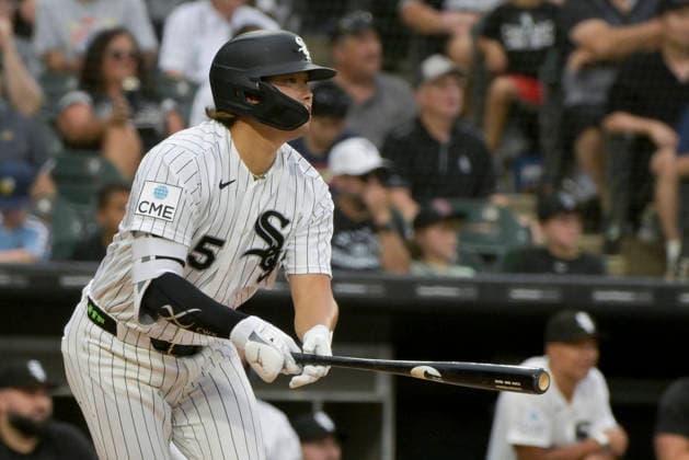 Chicago White Sox Munetaka Murakami (5) doubles against Cleveland Guardians during the first inning at Rate Field in Chicago, IL on Sunday, August 9, 2026.  CHI20260809105 MARKxBLACK