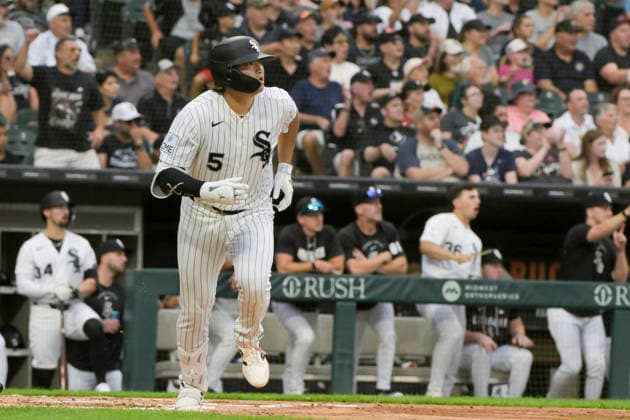 Chicago White Sox Munetaka Murakami (5) doubles against Cleveland Guardians during the first inning at Rate Field in Chicago, IL on Sunday, August 9, 2026.  CHI20260809106 MARKxBLACK