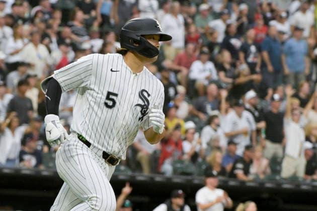 Chicago White Sox Munetaka Murakami (5) doubles against Cleveland Guardians during the first inning at Rate Field in Chicago, IL on Sunday, August 9, 2026.  CHI20260809107 MARKxBLACK