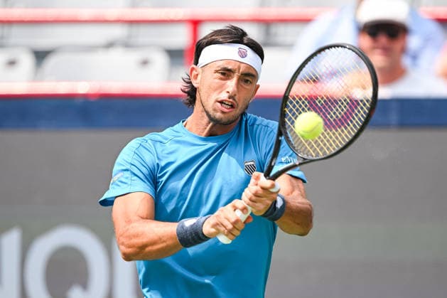 MONTREAL, QC - AUGUST 09: Thiago Augustin Tirante (ARG) returns the ball during a fourth round match at National Bank Open on August 09, 2026 at IGA Stadium in Montreal, QC (Photo by David Kirouac Icon Sportswire) TENNIS: AUG 09 National Bank Open EDITORIAL USE ONLY Icon26080901526