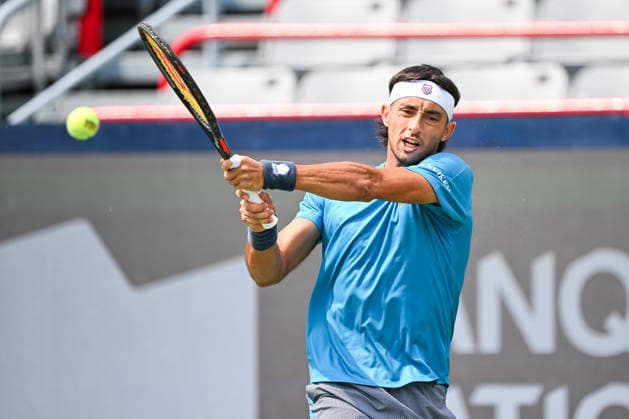 MONTREAL, QC - AUGUST 09: Thiago Augustin Tirante (ARG) returns the ball during a fourth round match at National Bank Open on August 09, 2026 at IGA Stadium in Montreal, QC (Photo by David Kirouac Icon Sportswire) TENNIS: AUG 09 National Bank Open EDITORIAL USE ONLY Icon26080902226
