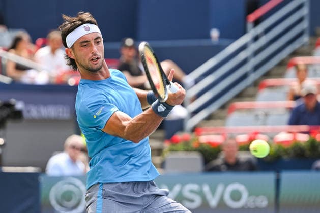 MONTREAL, QC - AUGUST 09: Thiago Augustin Tirante (ARG) returns the ball during a fourth round match at National Bank Open on August 09, 2026 at IGA Stadium in Montreal, QC (Photo by David Kirouac Icon Sportswire) TENNIS: AUG 09 National Bank Open EDITORIAL USE ONLY Icon26080904026
