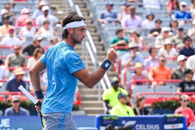 MONTREAL, QC - AUGUST 09: Thiago Augustin Tirante (ARG) reacts after winning a point during a fourth round match at National Bank Open on August 09, 2026 at IGA Stadium in Montreal, QC (Photo by David Kirouac Icon Sportswire) TENNIS: AUG 09 National Bank Open EDITORIAL USE ONLY Icon26080904126